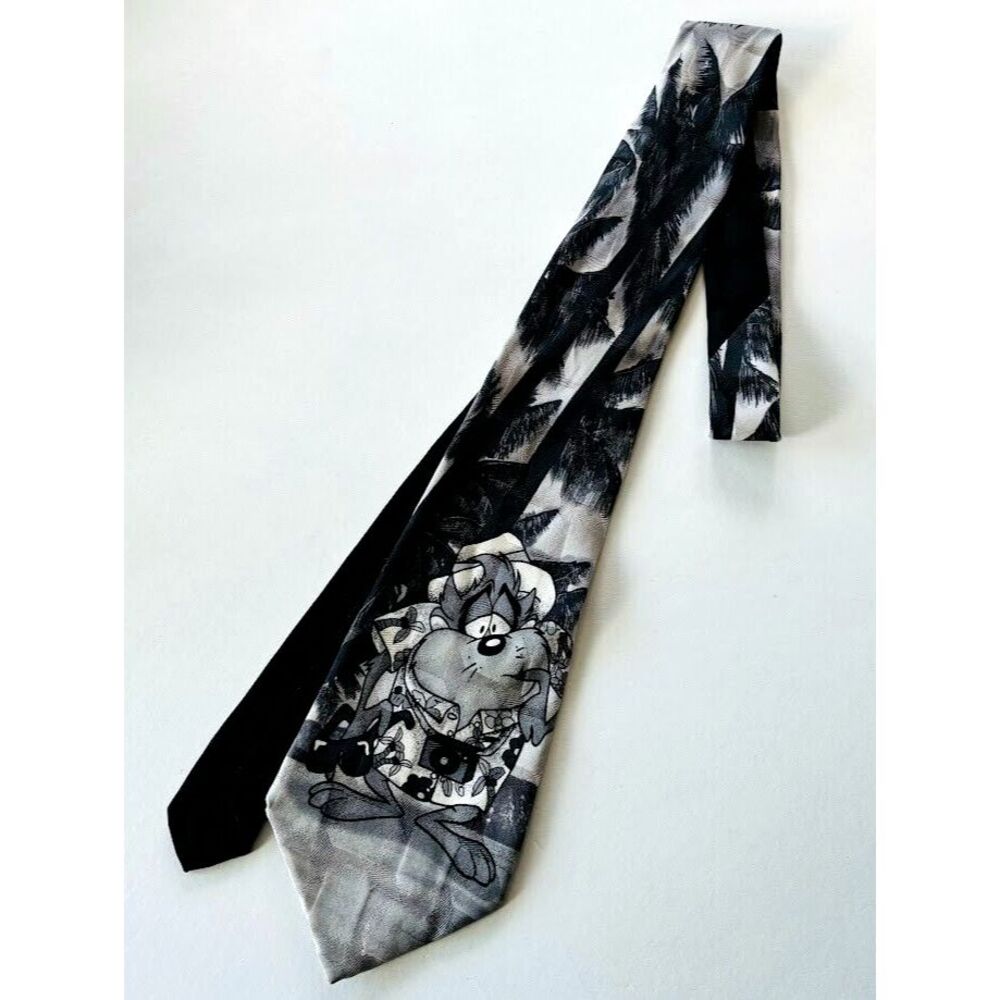 Taz Looney Tunes Mania‎ Tourist Palm Trees Tie Necktie Silk Black Grey White '96
